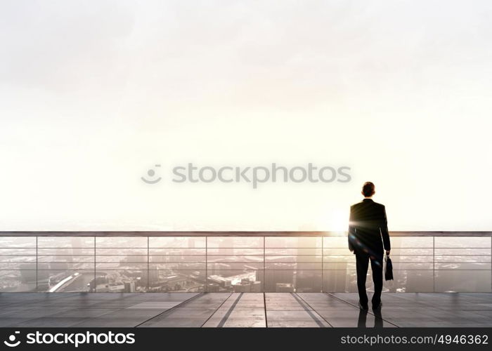 Back view of businessman standing on roof looking at city. On top of business