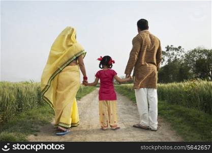 Back view of family walking together on a rural road
