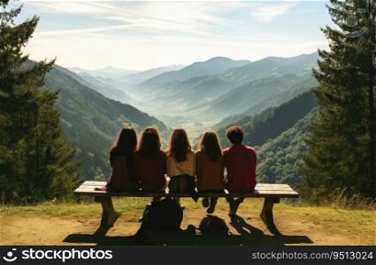 Back view of group of friends sitting on bench and looking at mountain landscape