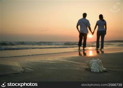 Back view of mid-adult couple holding hands walking on beach with seashell in foreground.