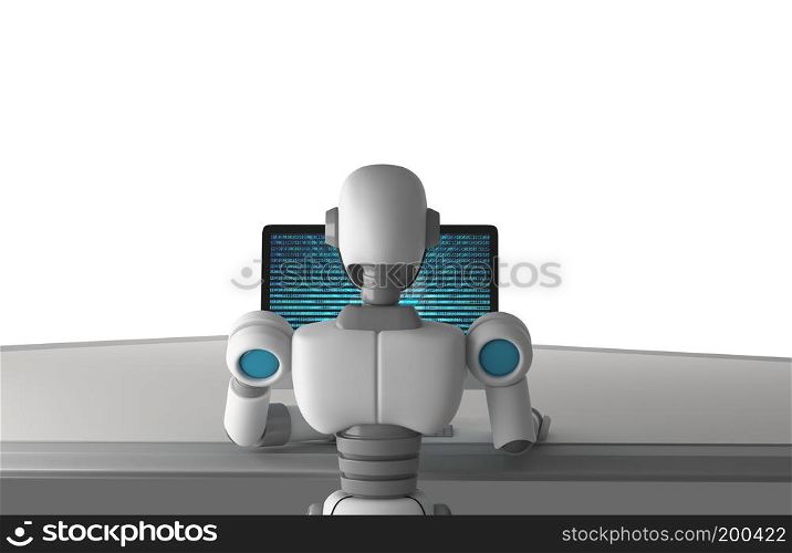 Back view of robot using a computer with binary data number code screen isolated on white background, mock up. Artificial intelligence in digital data futuristic technology concept, 3d illustration
