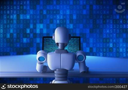 Back view of robot using a computer with binary data number code screen background, mock up. Artificial intelligence in digital data futuristic technology concept, 3d illustration
