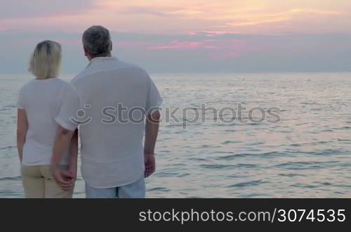 Back view of senior man and woman embracing each other and standing by the quiet sea in the evening. Copy space on the right