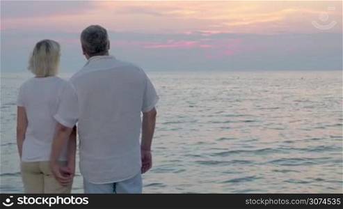 Back view of senior man and woman embracing each other and standing by the quiet sea in the evening. Copy space on the right