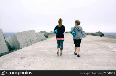 Back view of two unrecognizable women walking outdoors by sea pier. Back view of women walking by sea pier