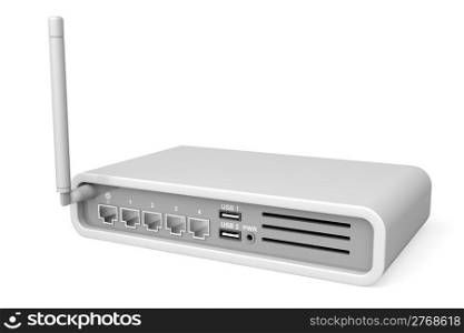 Back view of wireless router on white background