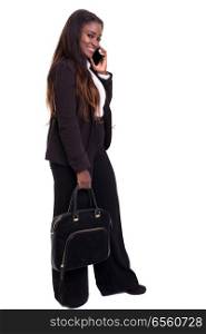 Back view of young african businesswoman holding briefcase isolated on white background