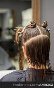 Back view of young brunette woman with split hair in sections in a hair salon. Brunette woman with split hair