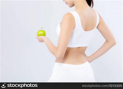 Back view portrait asian woman holding green apple fruit and beautiful body diet with fit isolated on white background, girl weight slim with cellulite or calories, health and wellness concept.