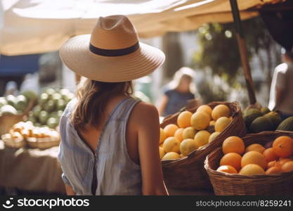 Back view woman shopping grocery. Organic natural. Generate Ai. Back view woman shopping grocery. Generate Ai