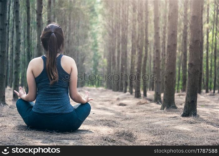 Back Young woman relaxation sitting meditation exercise yoga in morning at forest nature