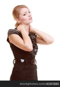 Backache. Young businesswoman woman blonde girl suffering from back or neck pain isolated on white.