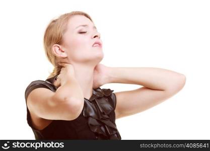 Backache. Young businesswoman woman blonde girl suffering from back or neck pain isolated on white.