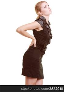 Backache. Young businesswoman woman blonde girl suffering from back pain isolated on white.
