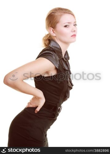Backache. Young businesswoman woman blonde girl suffering from back pain isolated on white.