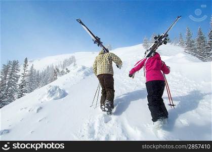 Backcountry Skiers Hiking up a Slope