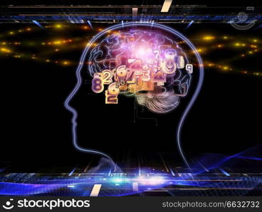 Backdrop composed of head outlines, lights and abstract design elements and suitable for use on intelligence,  consciousness, logical thinking, mental processes and brain power