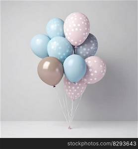 Backdrop featuring blue, pink polka dotted balloons with grey, styled in light sky blue and gentle bronze tones by generative AI