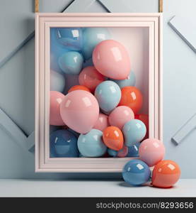 Backdrop featuring blue, pink polka dotted balloons with grey, styled in light sky blue and gentle bronze tones by generative AI