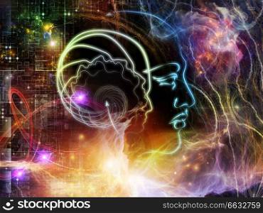 Backdrop of human feature lines and symbolic elements on the subject of human mind, consciousness, imagination, science and creativity