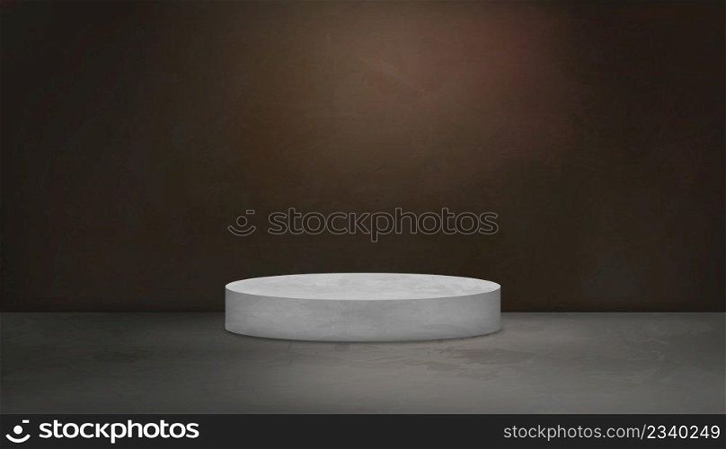 Backdrop studio room dark brown and podium on cement texture wall background, illustration  backdrop loft style suitable for portrait product in warm tone with grey floor concrete surface  in light and shadow