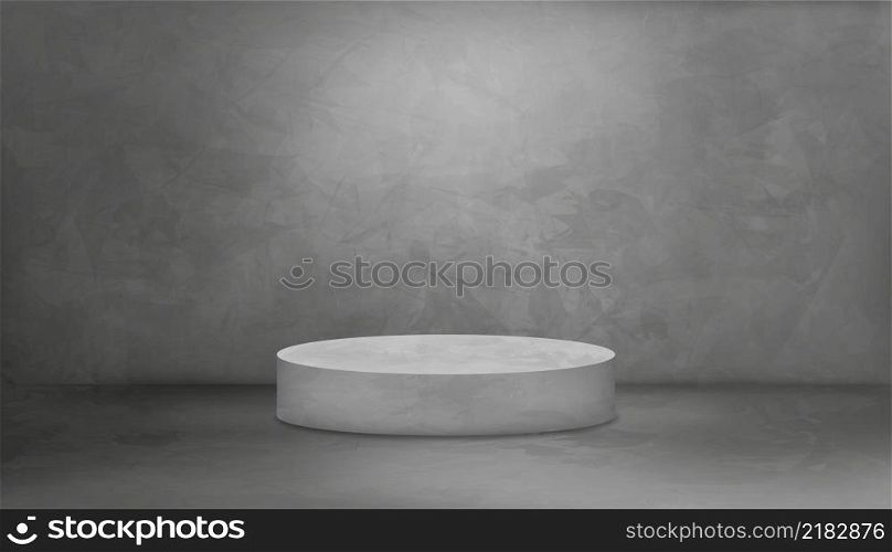 Backdrop studio room Grey Cement texture wall background with cylinder podium,3D illustration Gray floor Concrete surface with light and shadow.Banner template interior loft style concept