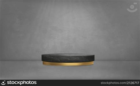 Backdrop studio room with black marble podium on Gray floor background,Grey Cement texture wall,3D illustration of black Concrete surface with soft light and shadow. Banner loft design concept