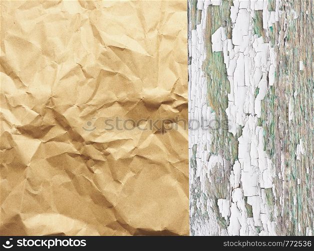 Background and texture of crumpled craft paper and old board with shabby white paint. Layout for design. Space for text.