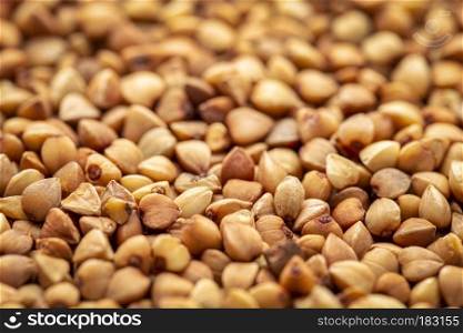background and texture of roasted buckwheat kasha - gluten free grain, selective focus