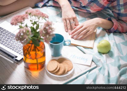 background - beautiful cozy morning and girl reading book