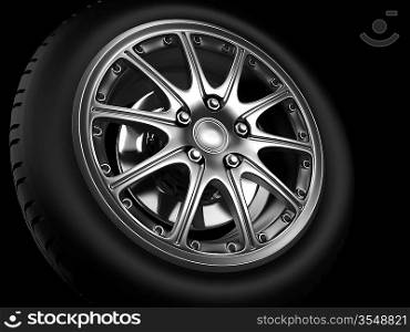 Background closeup automotive wheel with alloy metallic rim