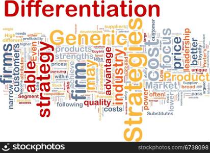 Background concept wordcloud illustration of business differentiation strategies. Differentiation strategies background concept