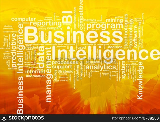 Background concept wordcloud illustration of business intelligence international. Business intelligence background concept