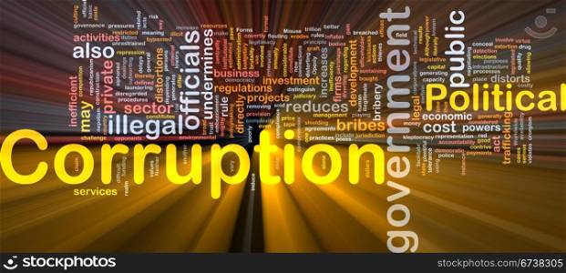 Background concept wordcloud illustration of corruption glowing light. Corruption background concept glowing