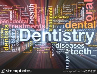 Background concept wordcloud illustration of dentistry glowing light. Dentistry background concept glowing