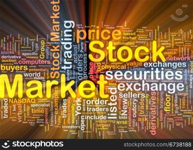 Background concept wordcloud illustration of stock market glowing light. Stock market background concept glowing