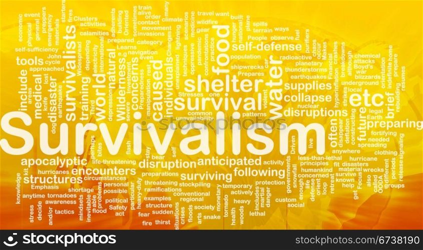 Background concept wordcloud illustration of survivalism international. Survivalism background concept