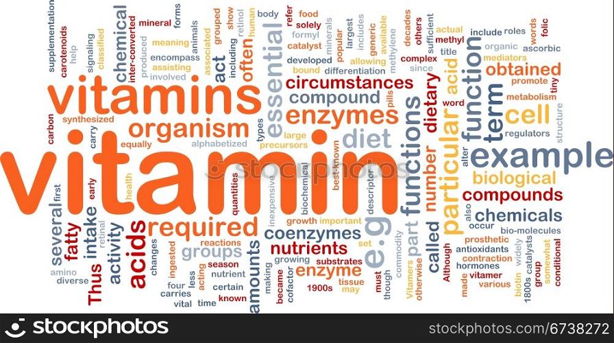 Background concept wordcloud illustration of vitamnins health nutrients. Vitamins health background concept