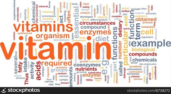 Background concept wordcloud illustration of vitamnins health nutrients. Vitamins health background concept