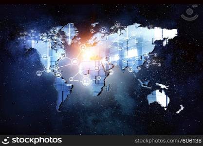 Background conceptual image with media world map. 3d rendering. Integration of new technologies