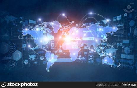 Background conceptual image with media world map. 3d rendering. Integration of new technologies