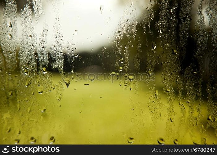 background consisting of wet windshield with rain drops and green white background