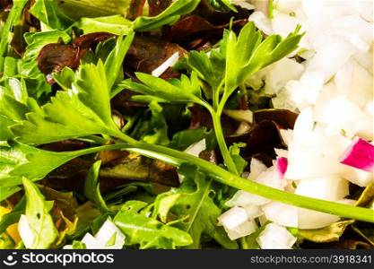 background from fresh chopped onion, salad, cucumbers, parsley, arugula