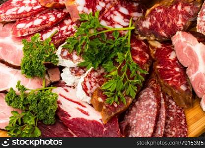 background from sausage, meat, vegetables and spices