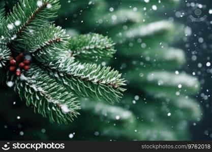 Background image of the green branches of the Christmas tree with the first snow. Background image of the green branches of the Christmas tree