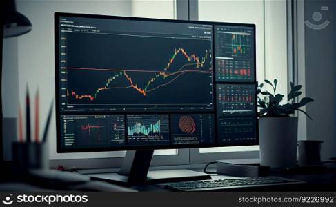 Background image simulation of the stock exchanges. Charts and monitors with information about stock exchanges and trading. Generative ai illustration . Background image simulation of the stock exchanges. Charts and monitors with information about stock exchanges and trading. Generative ai 