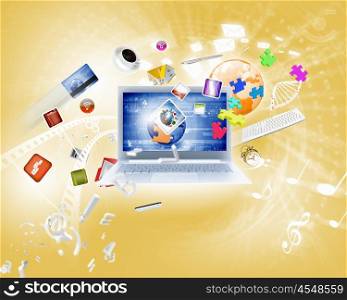 Background image with laptop. Background image with laptop and media icons
