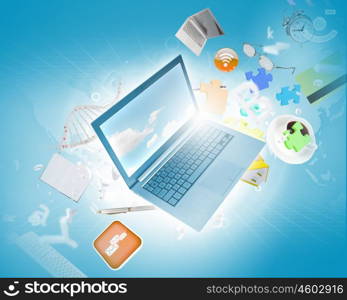 Background image with laptop. Background image with laptop and media icons