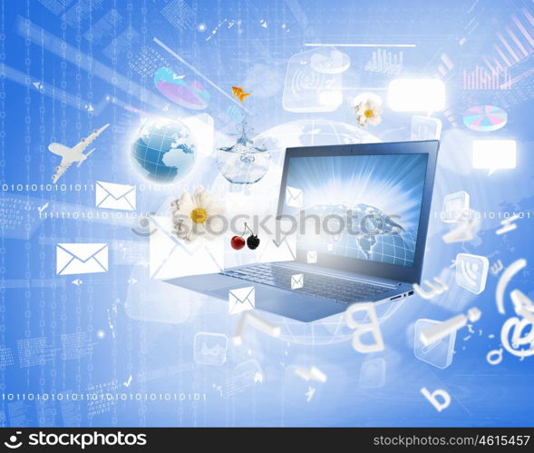 Background image with laptop. Background image with laptop and media icons