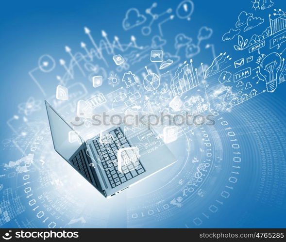 Background image with laptop. Background image with laptop and media icons